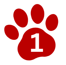 Red paw print with the number one, symbolizing the first step in Off The Chain K9 Academy's structured dog boarding process.