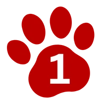 A red paw print with the number 1 in white centered on the largest pad.