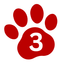 Red paw print with the number 3, symbolizing Off The Chain K9 Academy's dog boarding program emphasizing structured care and supervision for pets.