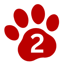 Red paw print with the number 2, symbolizing dog boarding services at Off The Chain K9 Academy, emphasizing structured care and supervision.