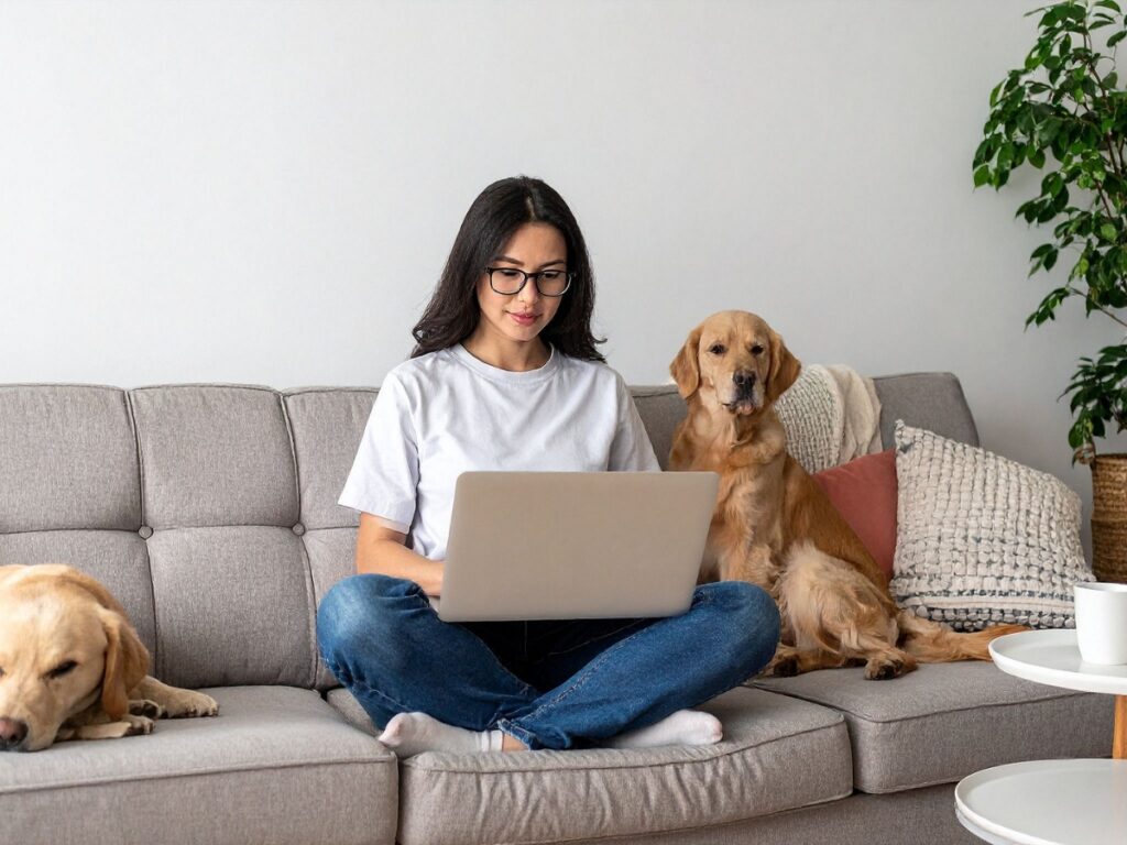 Woman sitting on a couch with two dogs, using a laptop, illustrating the in-home training concept for dogs in a comfortable domestic setting.