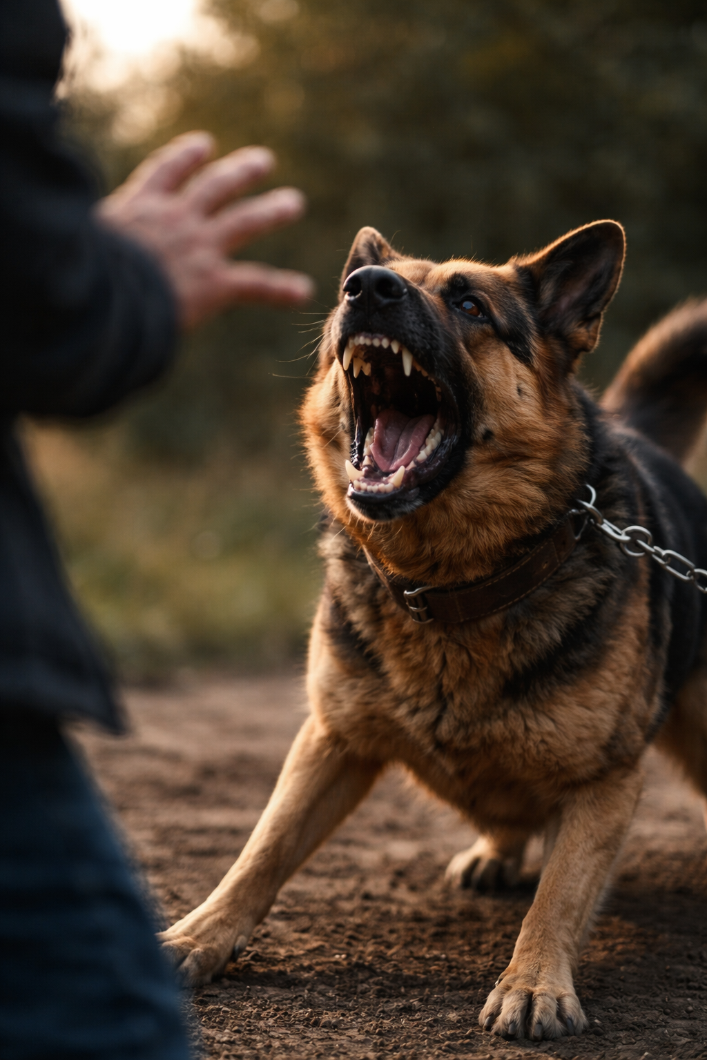 Aggressive German Shepherd barking at a person, illustrating behavior challenges in dogs.