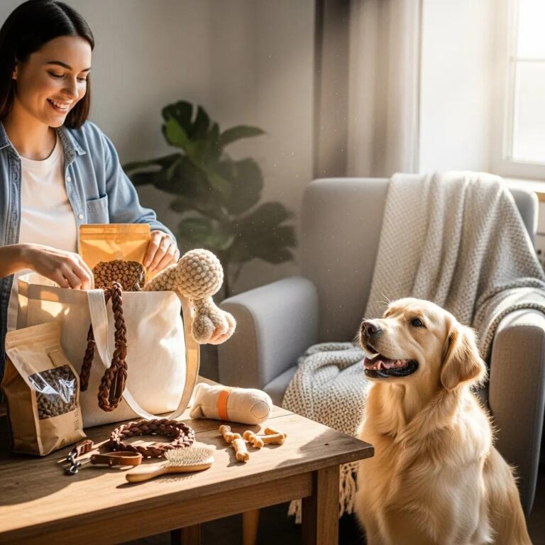 Happy dog being prepared for boarding with essential items in a cozy home setting