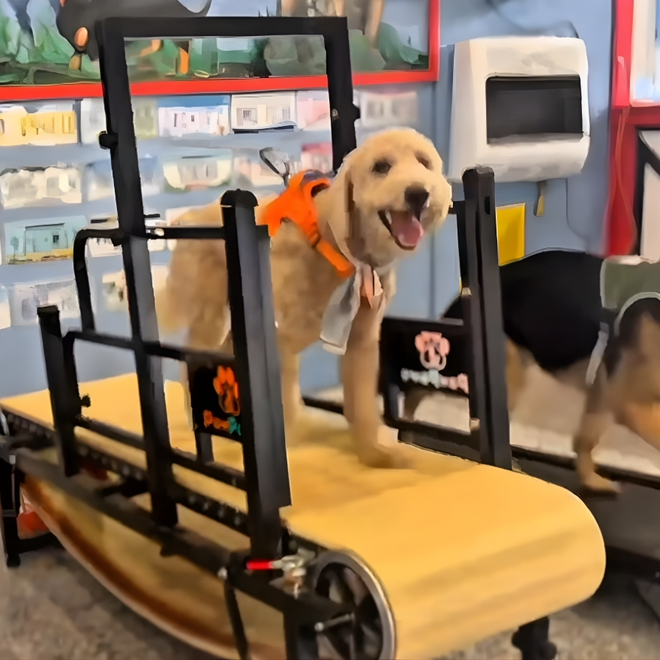 Dog on training apparatus with harness, smiling and engaging in obedience training at Off The Chain K9 Academy, showcasing professional dog training environment.