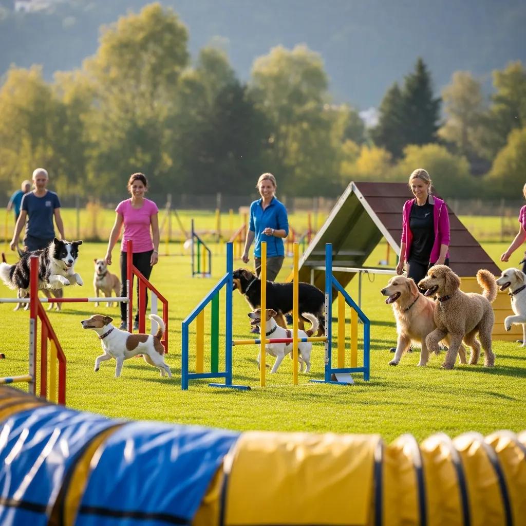 Dogs and handlers engaged in group agility training session