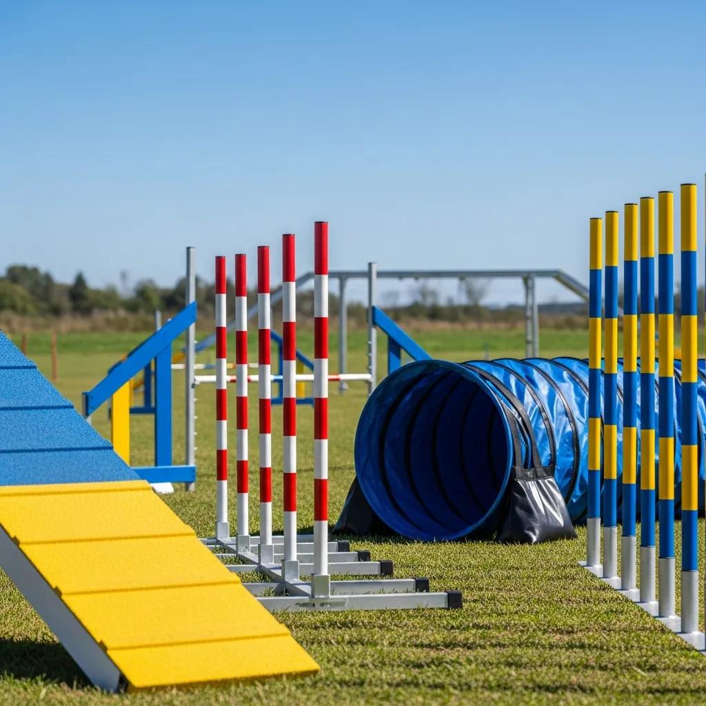 Variety of agility obstacles including jumps, tunnels, and weave poles